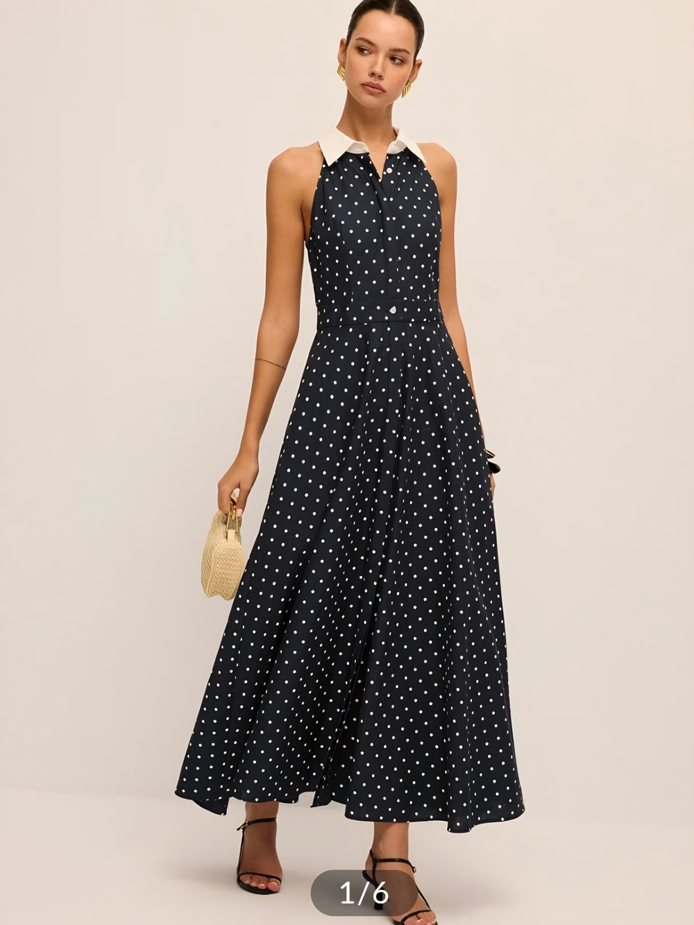 Polka Dot Contrast Collar Cotton Linen Dress